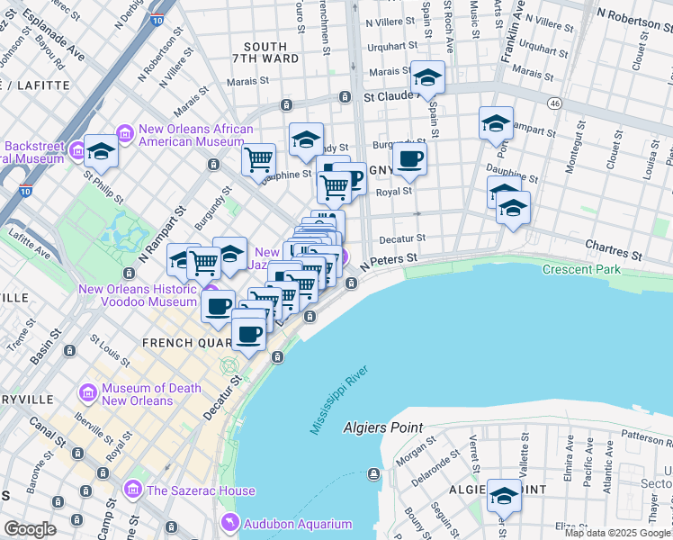 map of restaurants, bars, coffee shops, grocery stores, and more near 420 Esplanade Avenue in New Orleans