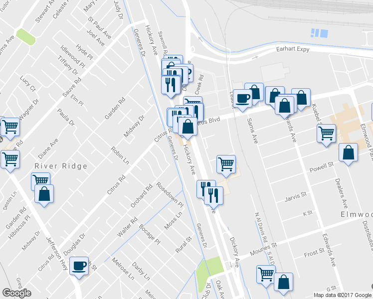 map of restaurants, bars, coffee shops, grocery stores, and more near 1600 Hickory Avenue in New Orleans