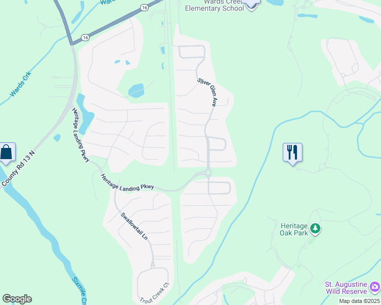 map of restaurants, bars, coffee shops, grocery stores, and more near 613 Birchbark Trail in St. Augustine