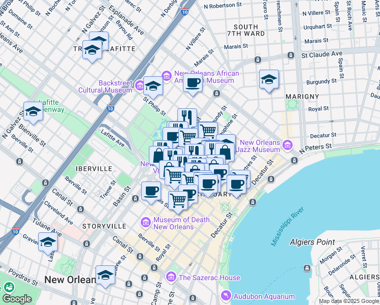 map of restaurants, bars, coffee shops, grocery stores, and more near Burgundy St & Dumaine St in New Orleans