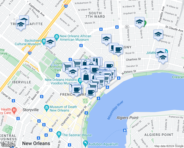 map of restaurants, bars, coffee shops, grocery stores, and more near 623 Ursulines Avenue in New Orleans
