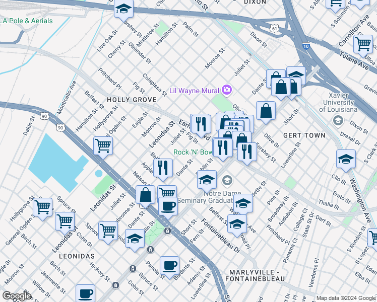 map of restaurants, bars, coffee shops, grocery stores, and more near 8232 Pritchard Place in New Orleans
