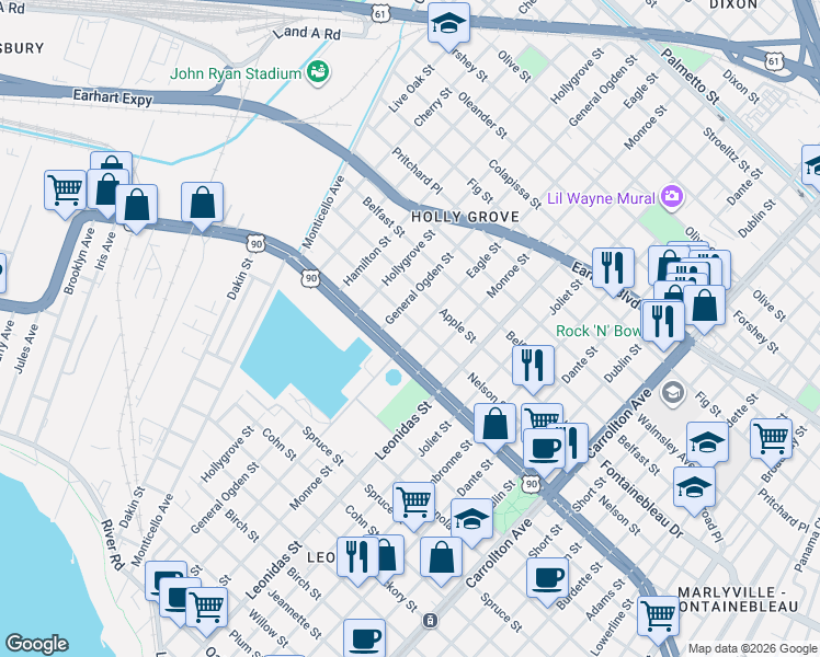 map of restaurants, bars, coffee shops, grocery stores, and more near 8807 South Claiborne Avenue in New Orleans
