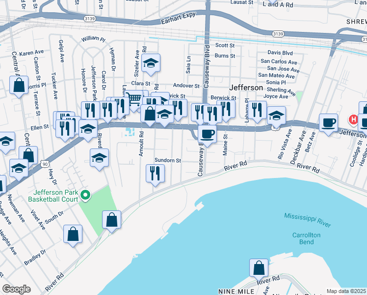 map of restaurants, bars, coffee shops, grocery stores, and more near 312 Shrewsbury Court in Jefferson
