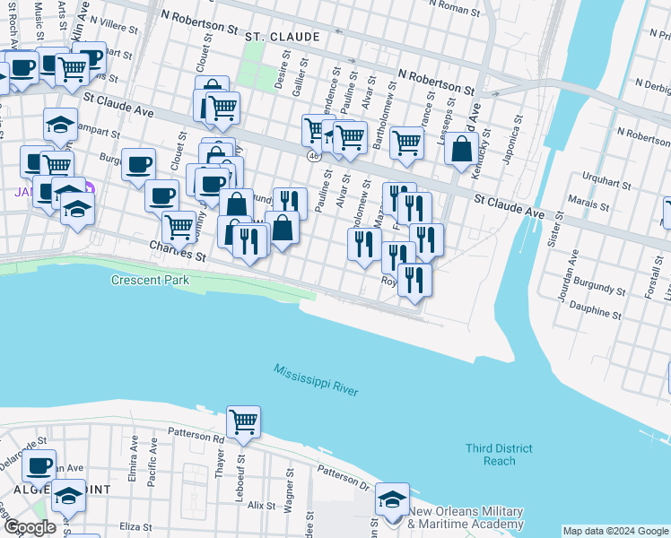 map of restaurants, bars, coffee shops, grocery stores, and more near 3918 Royal Street in New Orleans