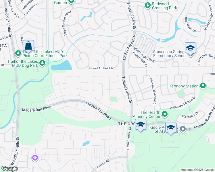 map of restaurants, bars, coffee shops, grocery stores, and more near 12123 Woodnote Lane in Humble
