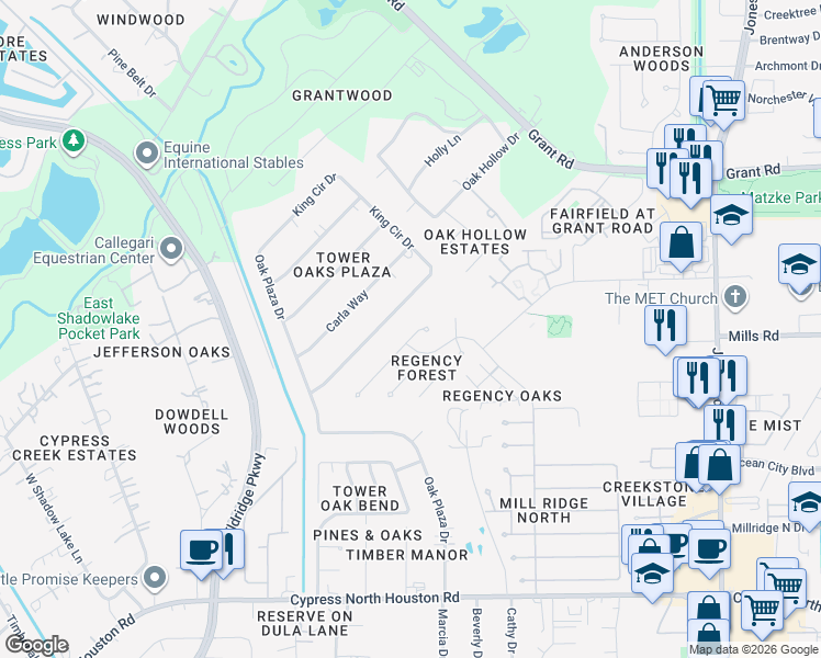map of restaurants, bars, coffee shops, grocery stores, and more near 12926 Mill Ridge Drive in Cypress