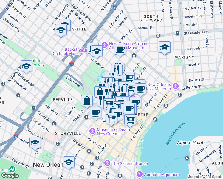 map of restaurants, bars, coffee shops, grocery stores, and more near in New Orleans