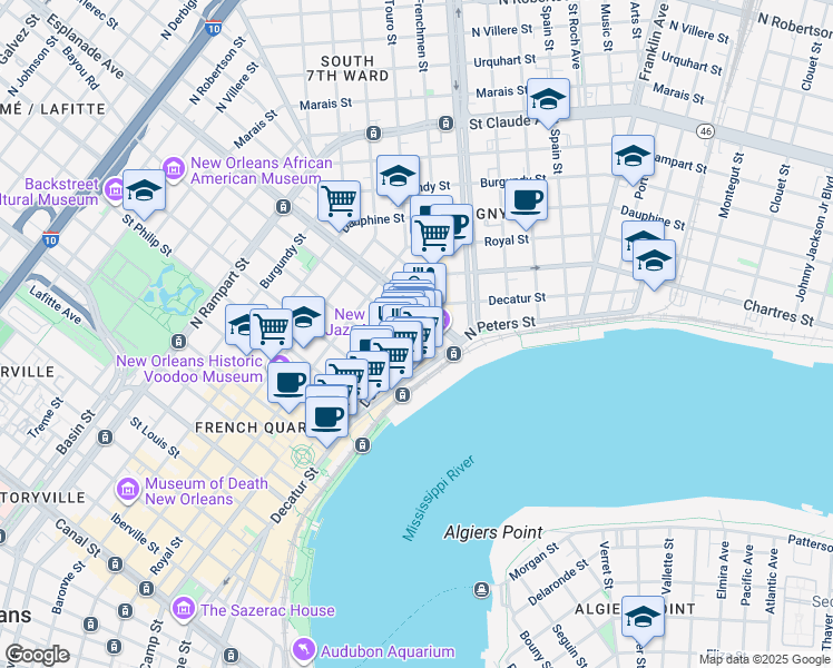 map of restaurants, bars, coffee shops, grocery stores, and more near 85 French Market Place in New Orleans