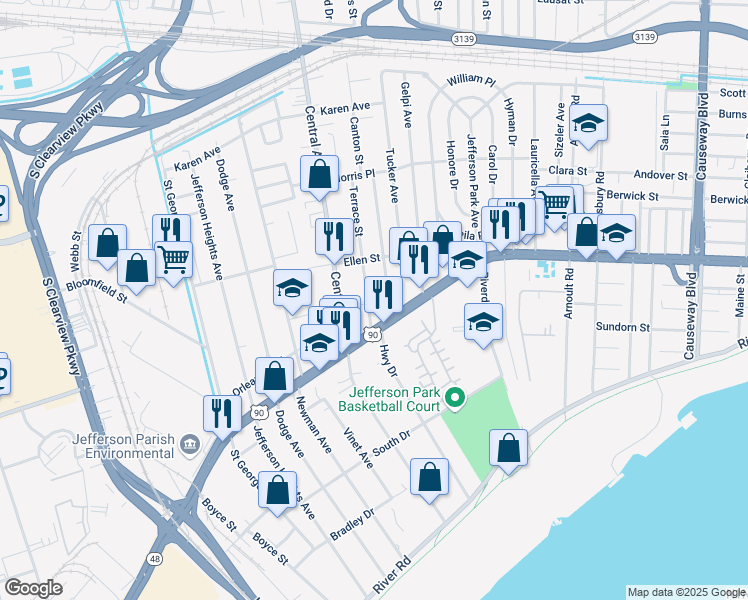 map of restaurants, bars, coffee shops, grocery stores, and more near 518 Terrace Street in Jefferson