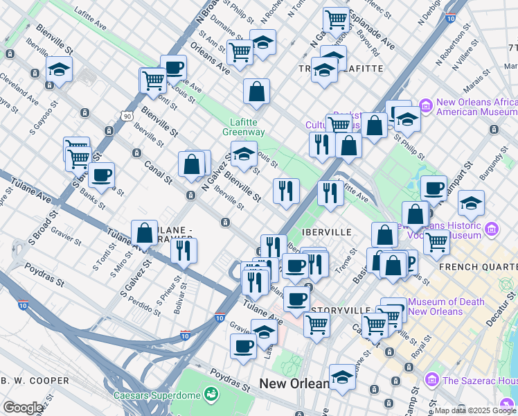 map of restaurants, bars, coffee shops, grocery stores, and more near 222 North Roman Street in New Orleans