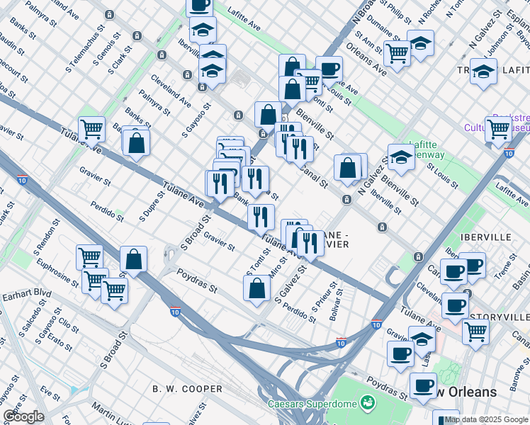 map of restaurants, bars, coffee shops, grocery stores, and more near 2533 Banks Street in New Orleans