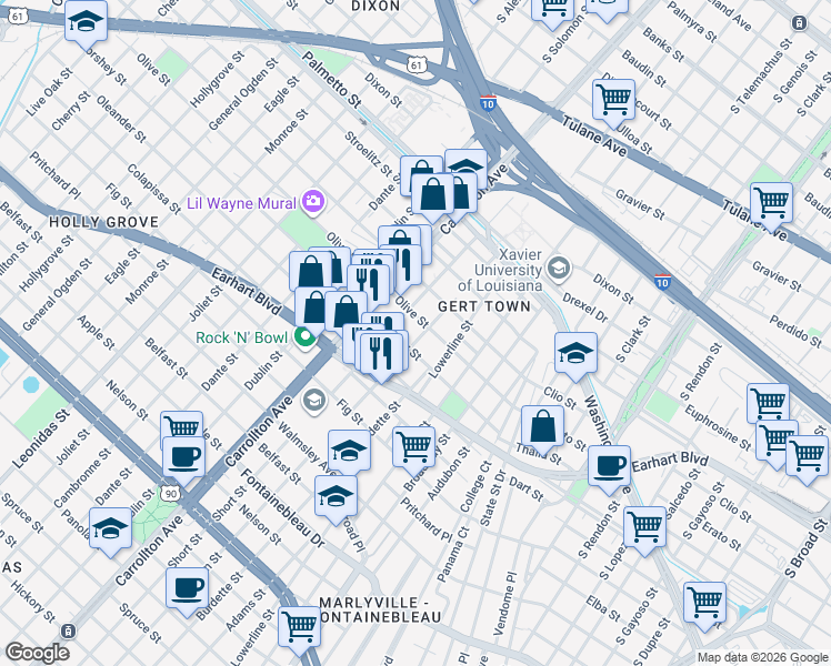 map of restaurants, bars, coffee shops, grocery stores, and more near 7818 Olive Street in New Orleans