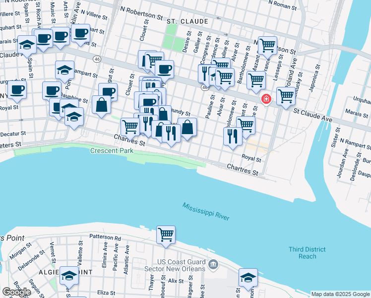 map of restaurants, bars, coffee shops, grocery stores, and more near in New Orleans