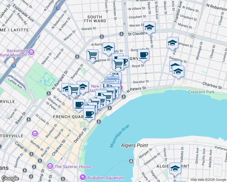 map of restaurants, bars, coffee shops, grocery stores, and more near in New Orleans
