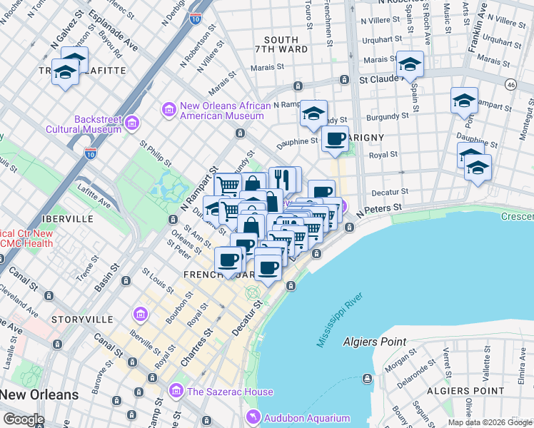 map of restaurants, bars, coffee shops, grocery stores, and more near 623 Ursulines Avenue in New Orleans