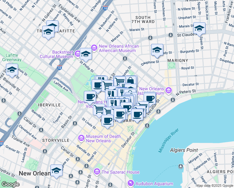 map of restaurants, bars, coffee shops, grocery stores, and more near in New Orleans