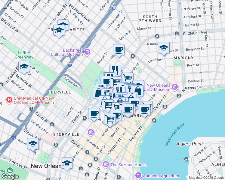 map of restaurants, bars, coffee shops, grocery stores, and more near 824 Burgundy Street in New Orleans