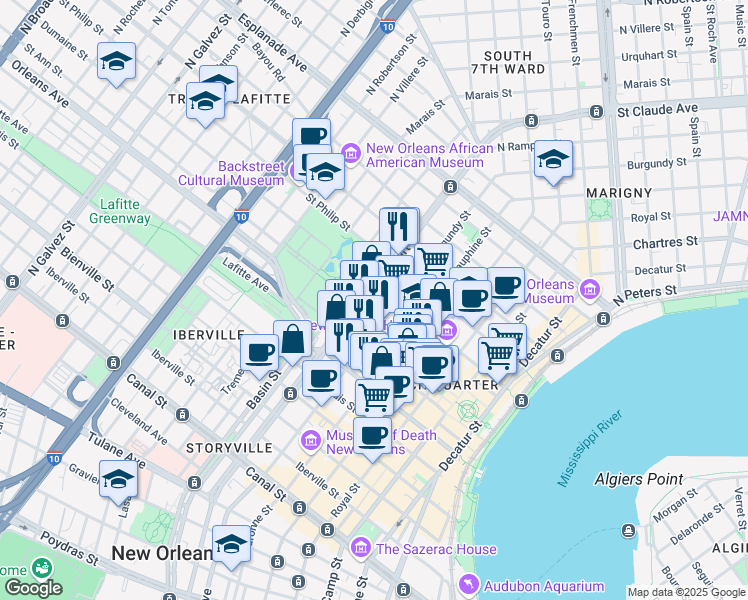 map of restaurants, bars, coffee shops, grocery stores, and more near in New Orleans