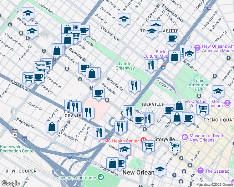 map of restaurants, bars, coffee shops, grocery stores, and more near 121 North Roman Street in New Orleans