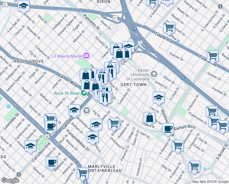 map of restaurants, bars, coffee shops, grocery stores, and more near 7818 Olive Street in New Orleans
