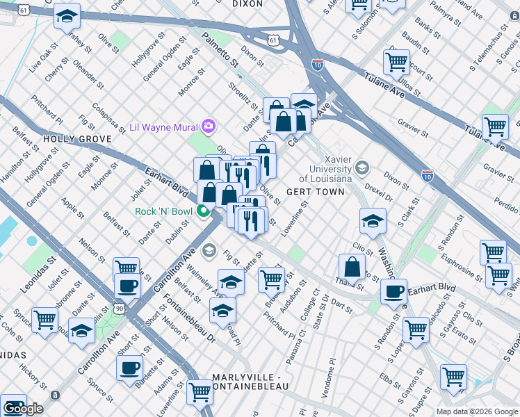 map of restaurants, bars, coffee shops, grocery stores, and more near 10 Mars Place in New Orleans