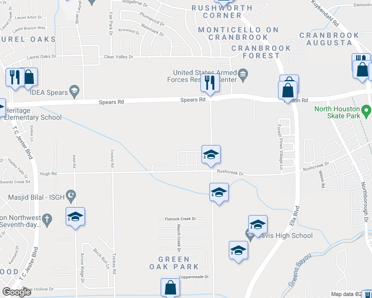 map of restaurants, bars, coffee shops, grocery stores, and more near 12019 Gregory Crossing Way in Houston