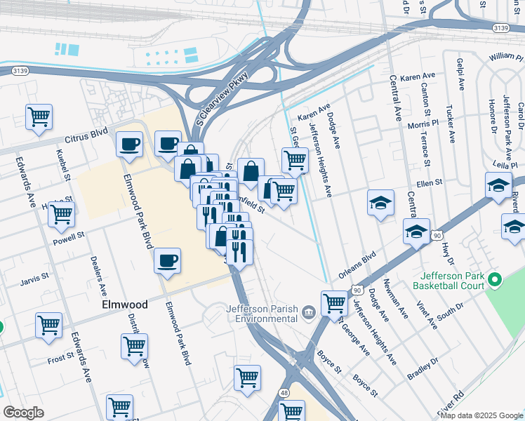 map of restaurants, bars, coffee shops, grocery stores, and more near 601 Hill Street in New Orleans
