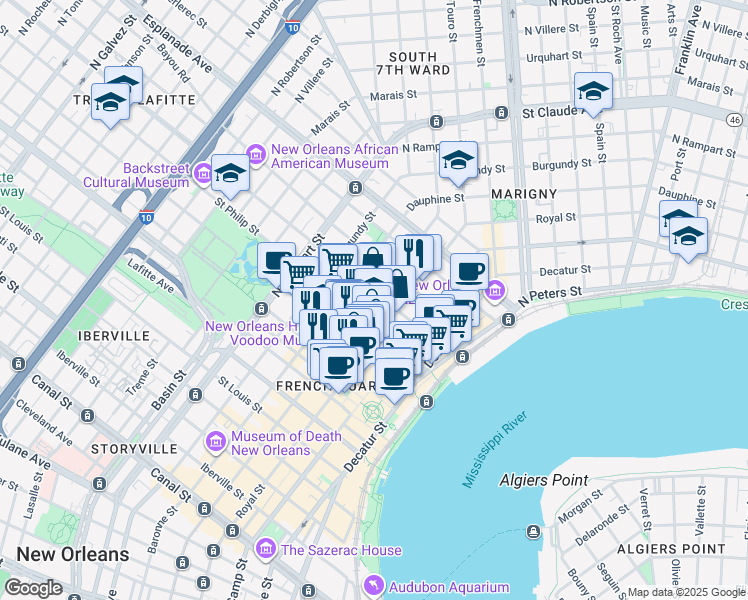 map of restaurants, bars, coffee shops, grocery stores, and more near 1032 Bourbon Street in New Orleans