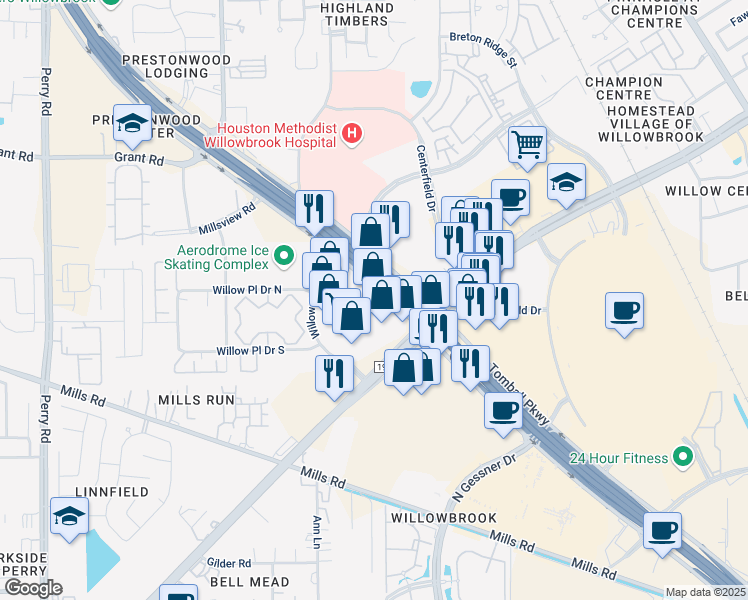 map of restaurants, bars, coffee shops, grocery stores, and more near 12974 Willow Chase Drive in Houston