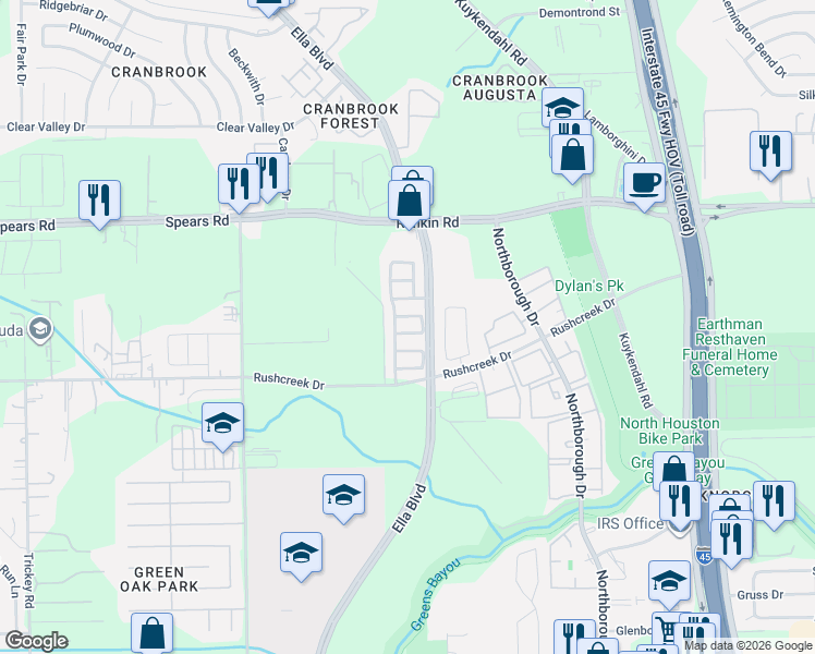 map of restaurants, bars, coffee shops, grocery stores, and more near 822 Forest Ivy Lane in Houston