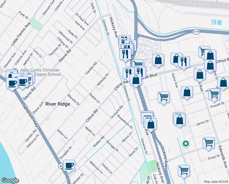map of restaurants, bars, coffee shops, grocery stores, and more near 9421 Roslyn Drive in River Ridge