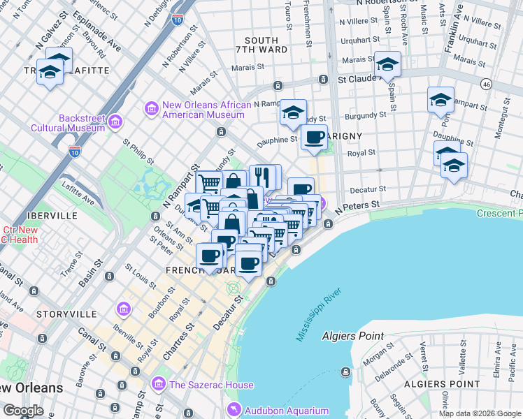 map of restaurants, bars, coffee shops, grocery stores, and more near 1132 Royal Street in New Orleans