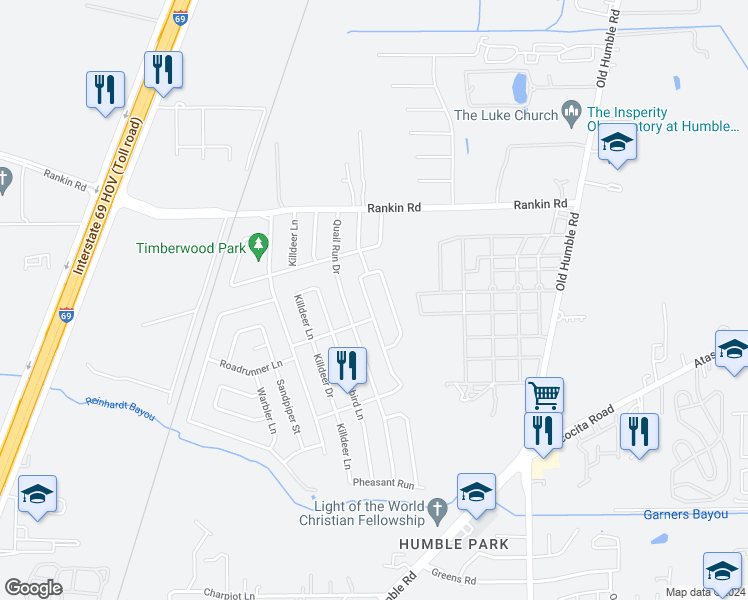 map of restaurants, bars, coffee shops, grocery stores, and more near 2807 Eagle Nest Lane in Humble