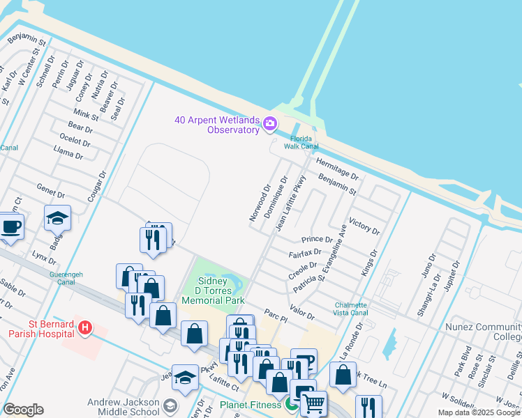map of restaurants, bars, coffee shops, grocery stores, and more near 3813 Dominique Drive in Chalmette