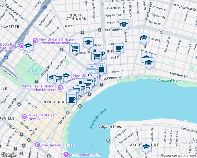 map of restaurants, bars, coffee shops, grocery stores, and more near 420 Esplanade Avenue in New Orleans