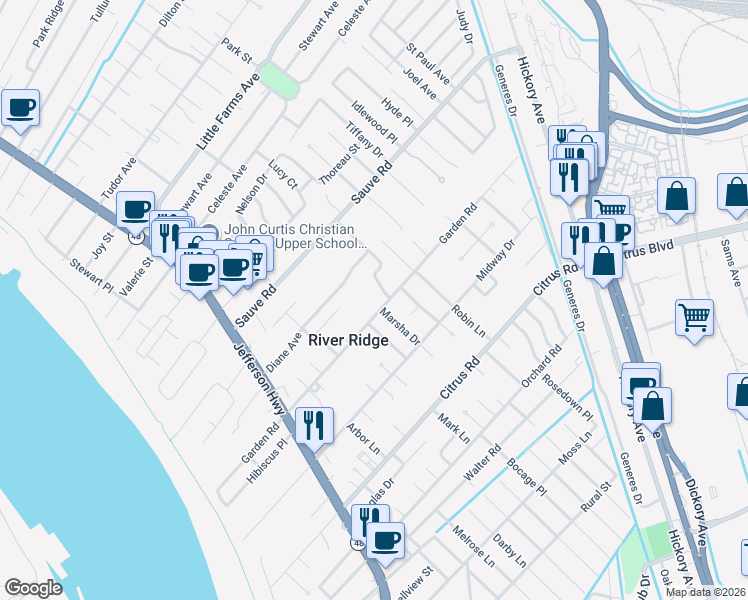 map of restaurants, bars, coffee shops, grocery stores, and more near 259 Garden Road in River Ridge