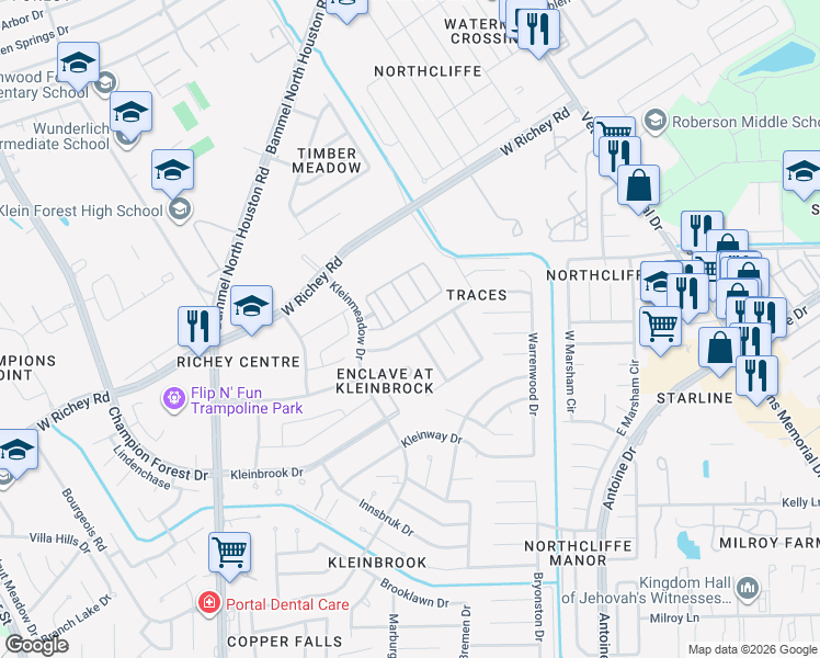 map of restaurants, bars, coffee shops, grocery stores, and more near 4823 Tracemeadow Drive in Houston