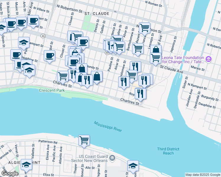 map of restaurants, bars, coffee shops, grocery stores, and more near Alvar Street & Royal Street in New Orleans