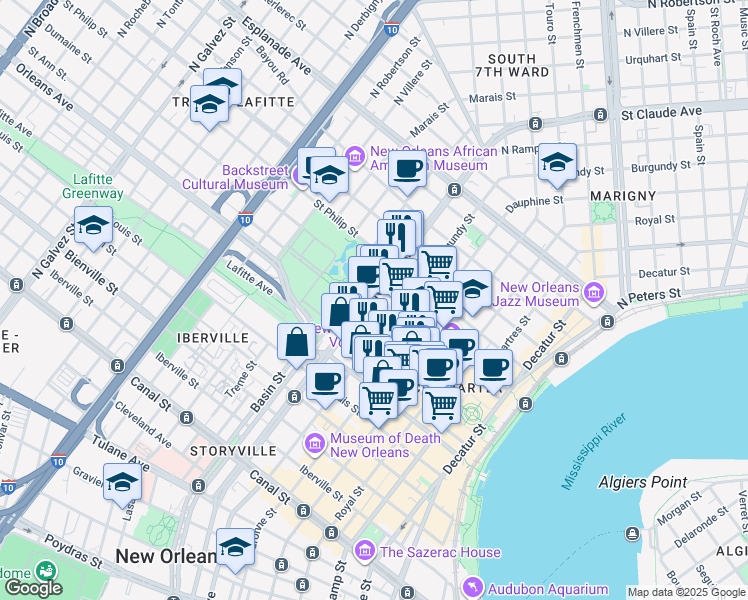 map of restaurants, bars, coffee shops, grocery stores, and more near in New Orleans