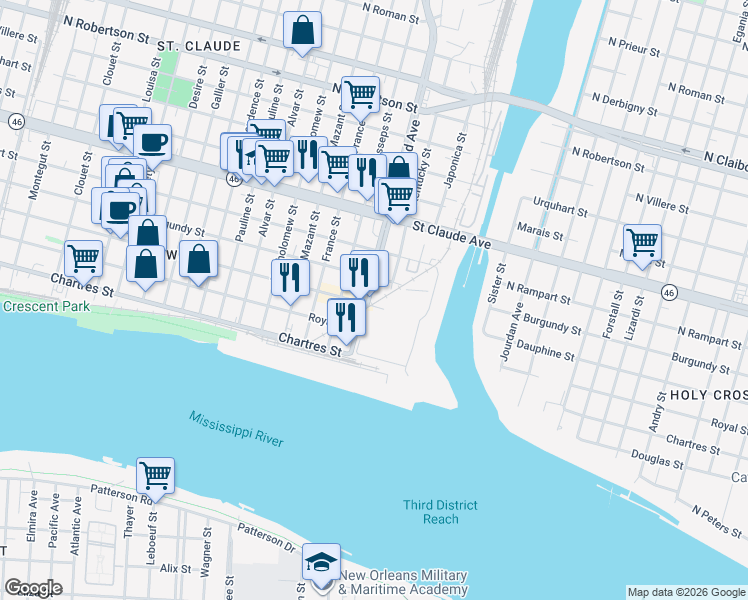 map of restaurants, bars, coffee shops, grocery stores, and more near in New Orleans