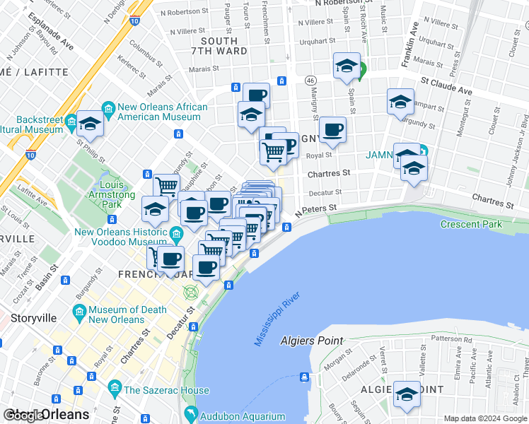 map of restaurants, bars, coffee shops, grocery stores, and more near in New Orleans