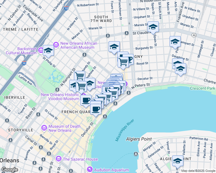 map of restaurants, bars, coffee shops, grocery stores, and more near 528 Governor Nicholls Street in New Orleans