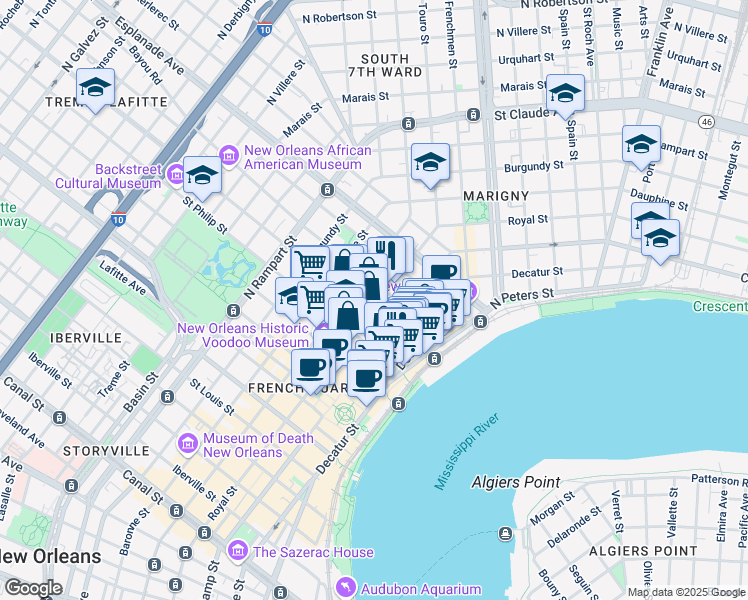 map of restaurants, bars, coffee shops, grocery stores, and more near 623 Ursulines Avenue in New Orleans