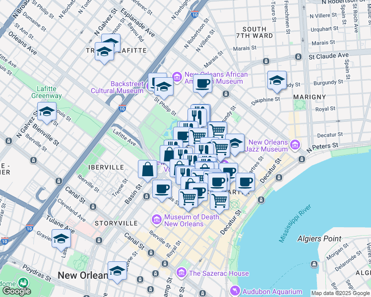 map of restaurants, bars, coffee shops, grocery stores, and more near in New Orleans