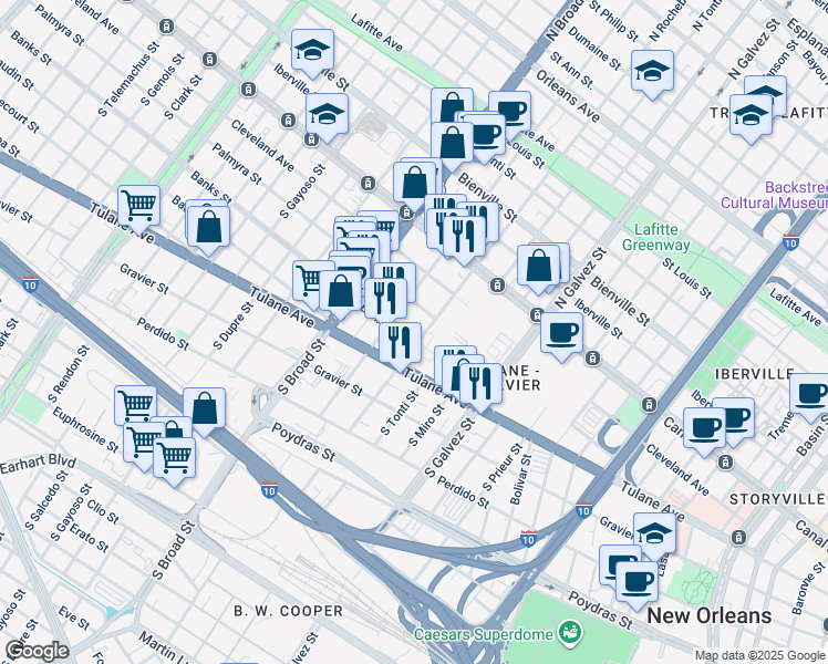 map of restaurants, bars, coffee shops, grocery stores, and more near in New Orleans