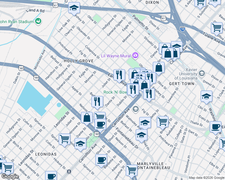 map of restaurants, bars, coffee shops, grocery stores, and more near 8232 Pritchard Place in New Orleans