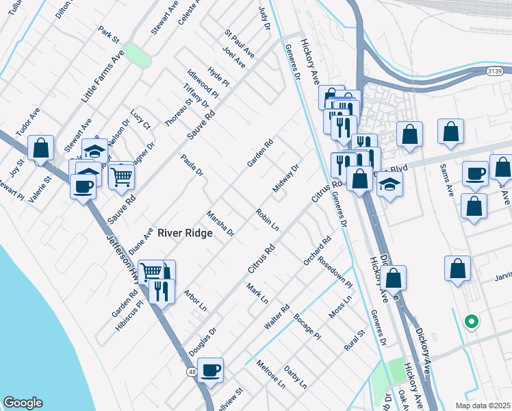 map of restaurants, bars, coffee shops, grocery stores, and more near 9613 Robin Lane in River Ridge