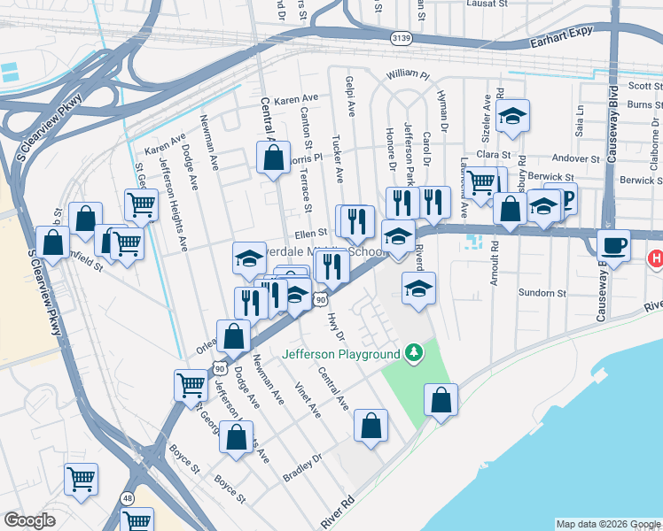 map of restaurants, bars, coffee shops, grocery stores, and more near 4137 U.S. 90 in Bridge City