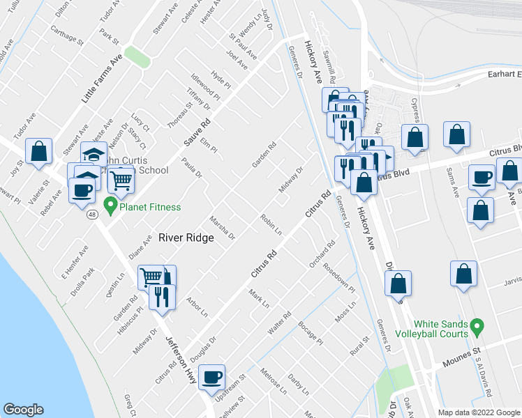 map of restaurants, bars, coffee shops, grocery stores, and more near 292 Midway Drive in River Ridge
